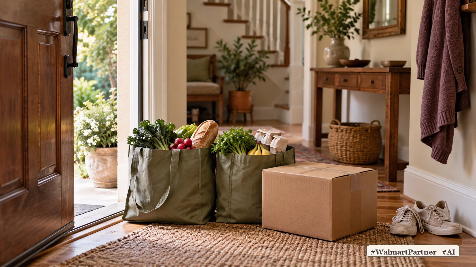 Reusable grocery bags and a delivery box inside a warm, lived-in entryway.