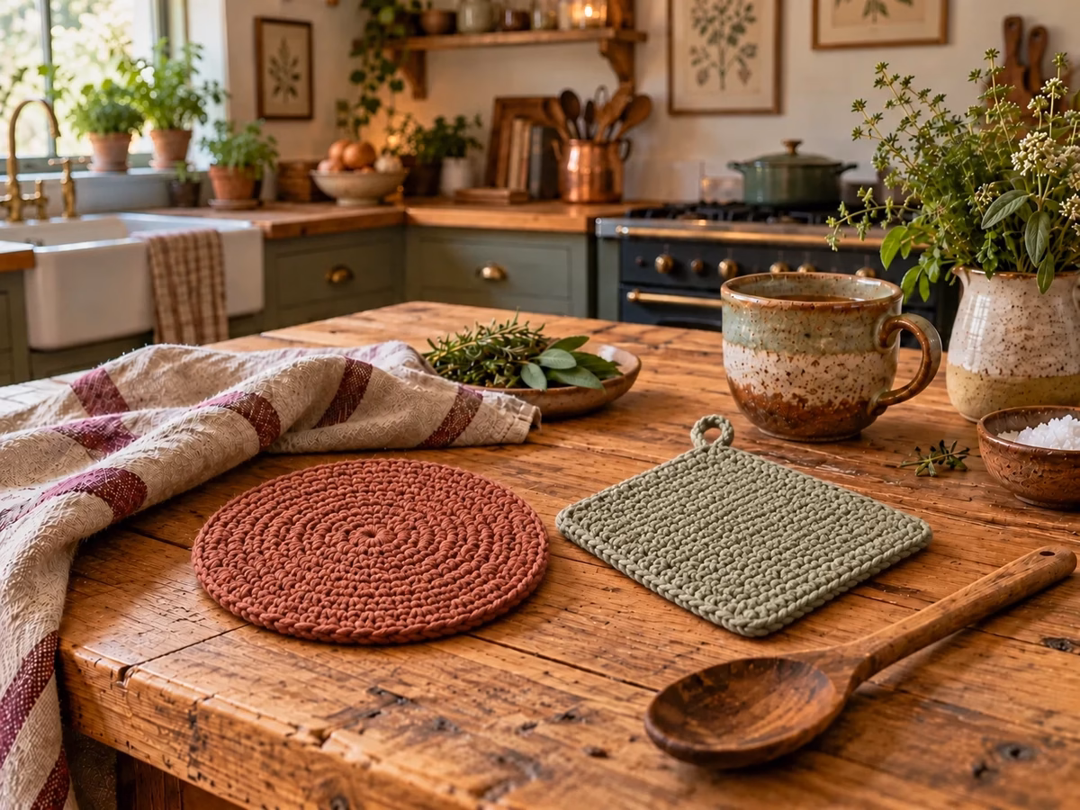 Handmade square and round crochet kitchen textiles on a wooden worktable.