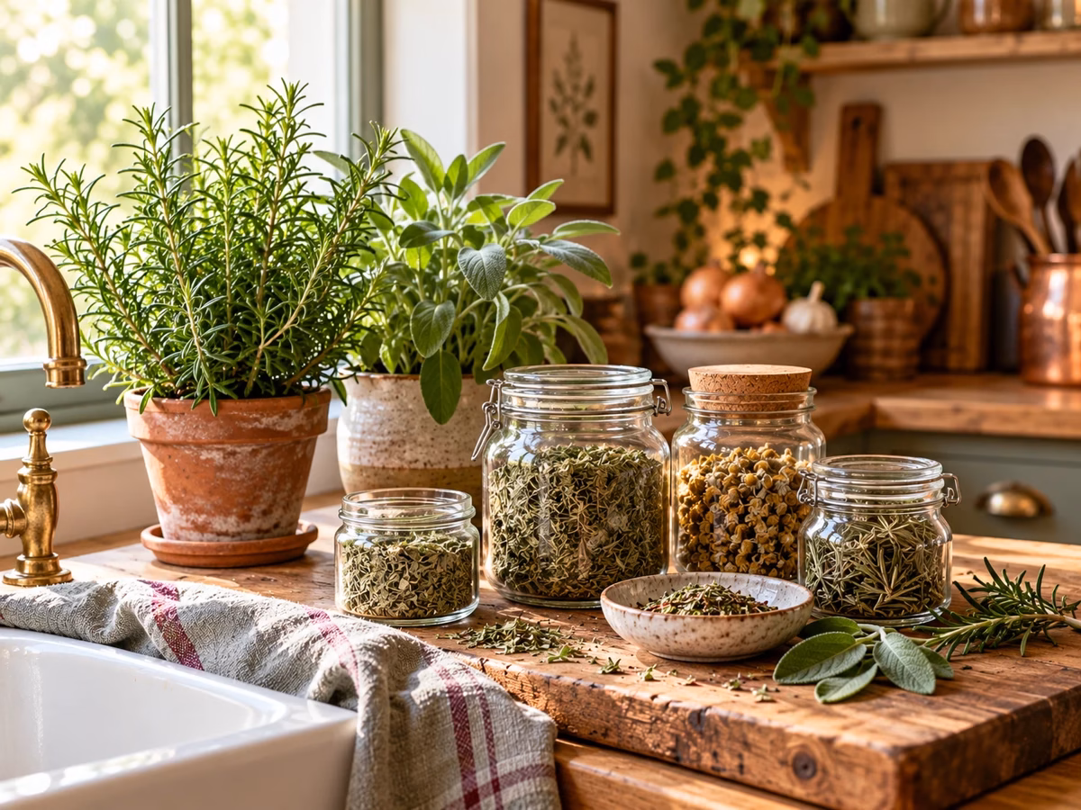 Visible herb jars and fresh herbs in a warm cottage kitchen.