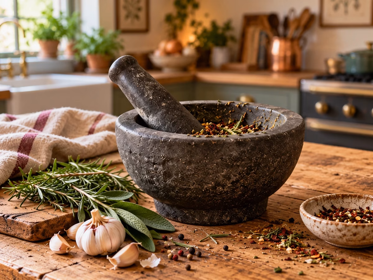 An unbranded dark stone mortar and pestle with culinary herbs on a wooden kitchen table.