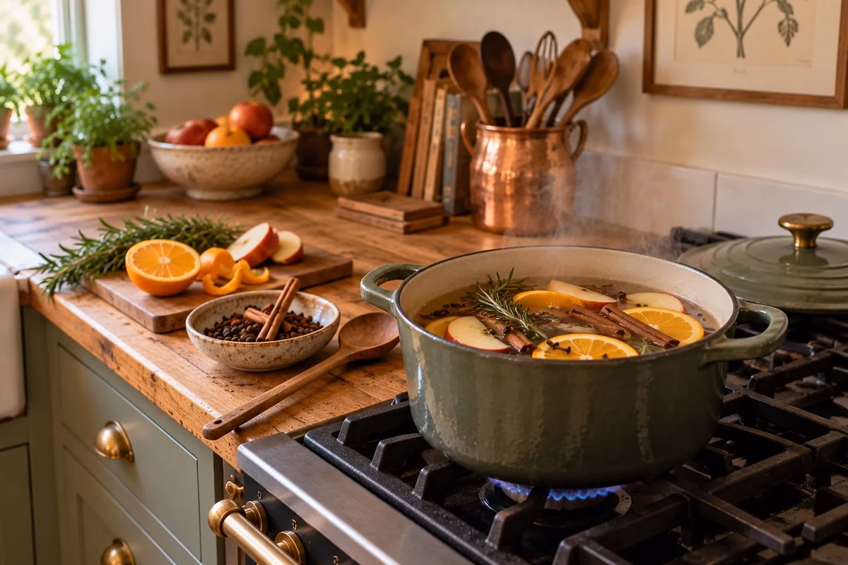 A simmer pot with citrus, herbs, and spices on the stove in a warm kitchen.